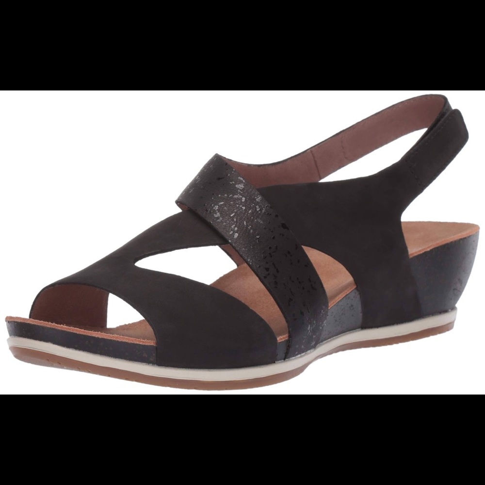 Dansko Vicky leather low wedge black sandal.